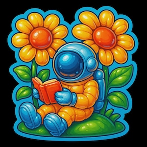 Astronauta galattico in un mare di fiori, seduto tra i girasoli mentre legge un libro. Adesivo a forma di cartone animato resistente alle intemperie: regalo per gli appassionati di libri sullo spazio.
