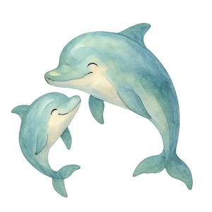 Peut inclure: Illustration à l'aquarelle de deux dauphins souriants dans des tons de bleu. Le plus grand dauphin est positionné au-dessus du plus petit, tous deux avec des sourires et des nageoires incurvés. Le fond est blanc.