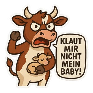 Wütende Kuh Sticker – „Klaut mir nicht mein Baby“ – Schützende Mutterkuh als Cartoon – Wetterfester Autoaufkleber für Tierfreunde