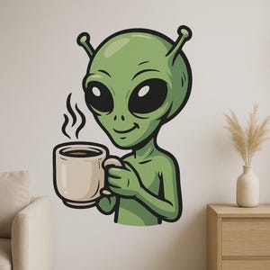 Alien with Coffee Cup Wall Sticker Funny Cartoon Decal for Wall RV Laptop Gift for Coffee Junkies, Sci-Fi and Humor Fans