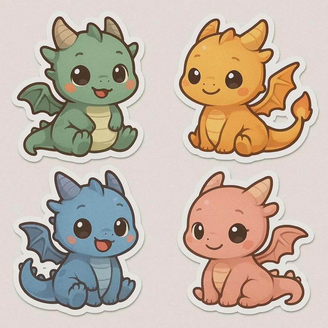 Kawaii Baby Dragon Sticker Set 4 Pieces Cute Fantasy Stickers for ...