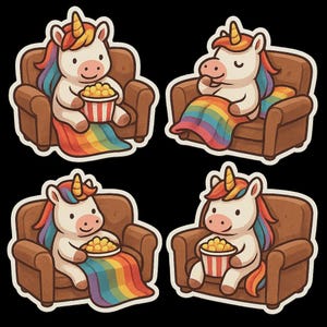 Lindo juego de pegatinas de unicornio, pegatinas de unicornio arcoíris, unicornio de dibujos animados con palomitas de maíz, decoración divertida de unicornio, pegatinas para habitación infantil, kawaii