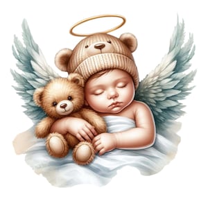 May include: A digital illustration of a sleeping baby with a teddy bear, wearing a teddy bear hat and a gold halo. The baby has feathered wings and is wrapped in a white blanket. The image has a soft, angelic aesthetic.