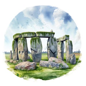 Peut inclure: Illustration à l'aquarelle de Stonehenge, un monument préhistorique. L'image présente de grandes pierres patinées disposées en cercle, avec de la mousse et de l'herbe vertes. L'arrière-plan comprend un champ vert, des arbres et un ciel bleu nuageux.