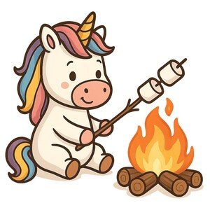 Peut inclure: Unicorn cartoon avec une crinière et une queue colorées, assis près d'un feu de camp, faisant griller des guimauves sur un bâton. La licorne a une corne dorée et une expression amicale. Le feu de camp est fait de bûches et de flammes.