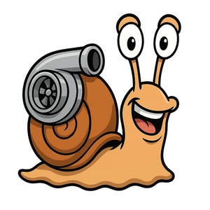 Könnte beinhalten: Ein Cartoon-Schnecke mit einem Turbolader auf ihrem Gehäuse. Die Schnecke ist hellbraun mit einem braunen Gehäuse und einem silbernen Turbolader. Sie hat große Augen und ein breites Lächeln, das Geschwindigkeit und Kraft vermittelt.