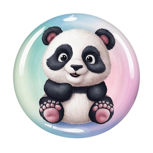 May include: A cute panda bear illustration with black and white fur, pink paws, and a friendly expression. The panda is set inside a colorful, pastel-colored bubble, creating a whimsical and playful design.