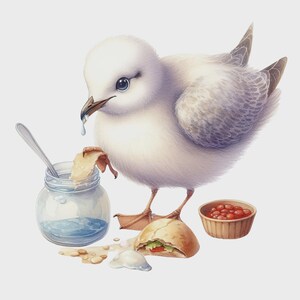 Peut inclure: Illustration à l'aquarelle d'un bébé mouette aux plumes blanches et grises, mangeant dans un bocal avec une cuillère. Un petit sandwich et un bol de baies rouges sont à proximité. L'oiseau a une goutte d'eau qui coule de son bec.