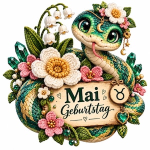 Bilklistermärke med orm i maj – Färgglad stickad blomma med en mystisk orm som unikt månadsmotiv för presentidéer