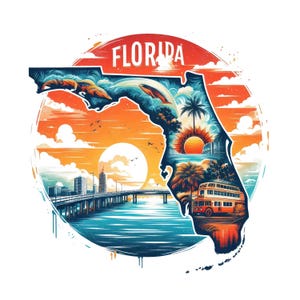 Peut inclure: Illustration colorée de la Floride, avec un coucher de soleil, des palmiers, un pont et un bus à impériale. Le mot "FLORIDA" est écrit en blanc en haut de l'image.