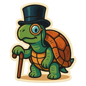 シルクハット、片眼鏡、杖を持ったカメ ステッカーとボーダーとして漫画を作成します ステッカーと同じ色で