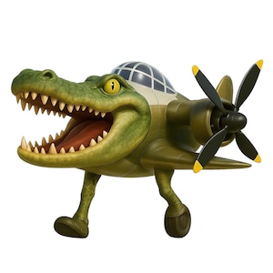 Puede incluir: Un avión de dibujos animados con cabeza de cocodrilo. La aeronave verde oliva presenta una gran cabeza de cocodrilo con la boca abierta, una cabina en forma de cúpula y una hélice de cuatro palas con puntas amarillas. El avión tiene ruedas y cola.