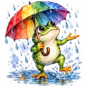 以下が含まれることがあります： 大きな茶色の目をした緑色のカエルの水彩画風イラスト。雨の中で水たまりに立ち、茶色の持ち手がついた虹色の傘をさして、片手を伸ばして雨粒を受け止めようとしている様子が描かれています。