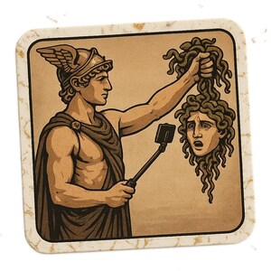 Adesivo di Perseo con selfie stick davanti a Medusa. Divertente adesivo a fumetti per gli amanti del mito, i re dei selfie e gli appassionati di storia greca.