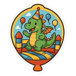 Drakenstickers op springkussen met feestmuts, stripstickers voor fantasiekinderen, verjaardagsvrienden en vliegfans