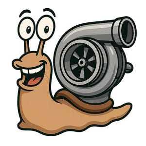 Puede incluir: Ilustración de dibujos animados de un caracol sonriente con una carcasa de turbocompresor. El caracol es de color marrón claro, con ojos grandes y expresivos y una amplia sonrisa. El turbocompresor es gris y negro.