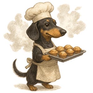 Könnte beinhalten: Illustration eines Dackelhundes als Bäcker, mit Kochmütze und Schürze. Der Hund hält ein Tablett mit frisch gebackenen Muffins. Das Bild hat einen skurrilen, handgezeichneten Stil mit sanften Farben und Schattierungen.