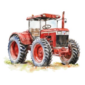 Pode incluir: Ilustração em aquarela de um trator vermelho com pneus grandes pretos e azuis. O trator tem uma cabine com volante e um longo tubo de escape. O trator está em um pedaço de grama.