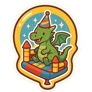 Adesivi a forma di drago su castello gonfiabile con cappello da festa, adesivi a forma di fumetto per bambini fantasy, amici di compleanno e appassionati di divertimento volante