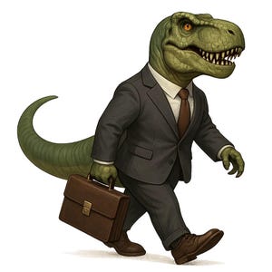 Peut inclure: Illustration d'un Tyrannosaurus Rex vert portant un costume gris, une chemise blanche et une cravate marron, tenant une mallette marron. Le dinosaure marche, mélangeant tenue professionnelle et thème préhistorique.
