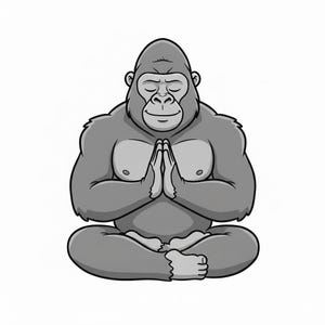 以下が含まれることがあります： 瞑想のポーズで座っているゴリラの白黒イラスト。ゴリラは目を閉じ、祈りのポーズで手を合わせている。穏やかな表情は瞑想とマインドフルネスを示唆している。背景は白。