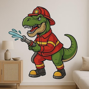 Adhesivo de pared de bombero T-Rex Divertido motivo de dinosaurio con casco y manguera para habitación infantil, sala de juegos o decoración de autocaravanas Fans de los dinosaurios bomberos