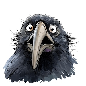 Puede incluir: Ilustración detallada de la cabeza de un cuervo con ojos muy abiertos y sorprendidos y un pico abierto. El dibujo utiliza tonos de negro, gris y blanco, con un enfoque en las plumas y un pico claro.