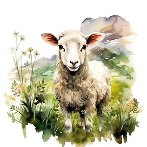 Könnte beinhalten: Aquarellillustration eines Schafs, das in einem Feld mit grünem Gras und Wildblumen steht. Das Schaf hat weiße Wolle, rosafarbene Ohren und einen sanften Ausdruck. Der Hintergrund zeigt weiche Aquarellberge.