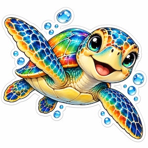 Könnte beinhalten: Ein Aufkleber mit einer Cartoon-Meeresschildkröte mit einem leuchtend regenbogenfarbenen Panzer, großen ausdrucksstarken Augen und einem lächelnden Mund. Die Schildkröte ist von mehreren durchscheinenden blauen Blasen vor weißem Hintergrund umgeben.