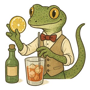 Op de afbeelding: Illustratie van een groene hagedis-barman met een vlinderdas en vest, die een citroenpartje vasthoudt en een drankje roert in een glas met ijsblokjes. Een groene fles met een kurk staat links.