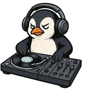 Op de afbeelding: Een cartoon illustratie van een pinguïn DJ, zwart en wit met een oranje snavel, met een koptelefoon en een draaitafel en mixer. De plaat op de draaitafel heeft een sneeuwvlok ontwerp. De pinguïn heeft een boze uitdrukking.