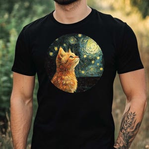 Van Gogh Katze Premium Herren T-Shirt Baumwolle Hochwertig Bedrucktes Freizeit Shirt mit Einzigartigen Motiv in Vielen Gößen S bis 5XL