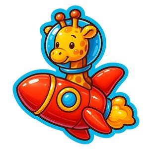 Jirafa con casco espacial en cohete – Divertida pegatina de dibujos animados – Resistente a la intemperie – Regalo para amantes de los animales, el espacio y el humor