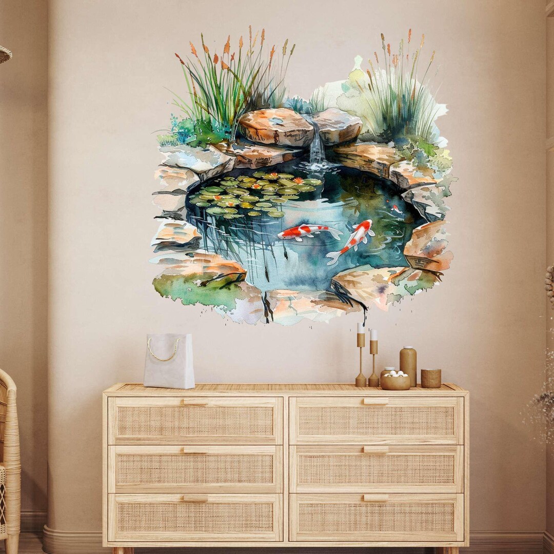 Koi Pond Wall Sticker – Peaceful Koi Fish in a Japanese Garden Pond ...