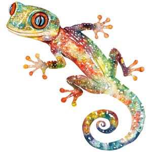 May include: A watercolour illustration of a gecko in bright colours. The gecko is a mix of green, yellow, red, and blue with white speckles. Its tail curls into a spiral, and it has orange feet and large eyes.