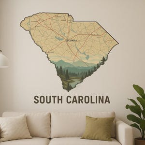South Carolina Kartenlandschaft Wandtattoo – Naturmotiv mit Bundesstaat-Umriss für Wohnzimmer, Büro oder Wohnmobil Deko für USA Reise-Fans