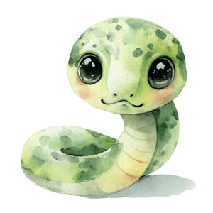 May include: A watercolour illustration of a charming cartoon snake. The snake is predominantly green with darker green markings and a pale yellow underside. It features large, black eyes and a small, smiling mouth, set against a white background.