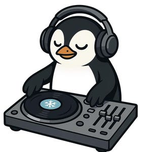 Penguin DJ iron-on transfer DTF print – fun animal motif with headphones and turntable, ice-cold beat for T-shirt, hoodie, bag