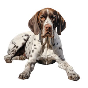 Puede incluir: Un perro de raza Braco Alemán está tumbado, mirando al espectador. El perro tiene un pelaje blanco con manchas marrones y una cabeza y orejas marrones. Sus ojos son de color marrón claro y su nariz es rosa.