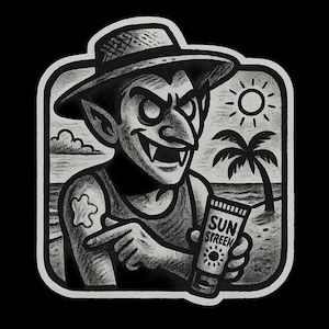 ビーチで麦わら帽子と日焼け止めを塗った吸血鬼 – 面白い漫画ステッカー – 耐候性 – ゴシック、ビーチユーモアファンへの贈り物
