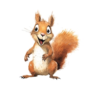 May include: A watercolour illustration of a happy squirrel with a bushy, reddish-brown tail. The squirrel has a light brown body, a pink nose, and large, expressive eyes. Its mouth is open in a grin, and it stands on its hind legs.