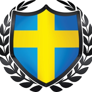 Könnte beinhalten: Ein Schild mit dem schwedischen Flaggen-Design, mit blauem Hintergrund und einem gelben nordischen Kreuz. Das Schild ist schwarz umrandet und von einem schwarzen Lorbeerkranz umgeben. Das Design ist ein Symbol für Schweden.