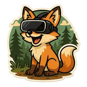 Adesivo di volpe con occhiali VR nella foresta. Divertenti adesivi a forma di fumetto per nerd, gamer, automobili, laptop o regali per gli appassionati di realtà virtuale.