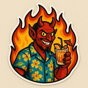 Adesivo del diavolo in camicia hawaiana con bicchiere da cocktail Divertente adesivo del demone dei fumetti per gli amici estivi, i fan della satira e le teste calde