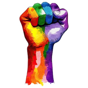 Op de afbeelding: Waterverfillustratie van een gebalde vuist, geschilderd in de kleuren van de regenboog. De hand is geheven tegen een witte achtergrond, met kleuren die overgaan van rood naar paars.