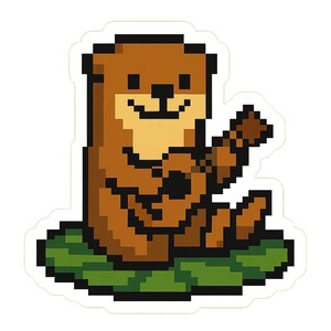 蓮の葉の上でウクレレを弾くカワウソ – かわいい漫画ステッカー – 耐候性 – 動物、音楽、自然ファンへのギフト