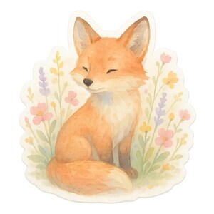 Adesivo volpe acquerello – disegno prato fiorito – adesivo per laptop, bullet journal, motivo natura, adesivo animale carino