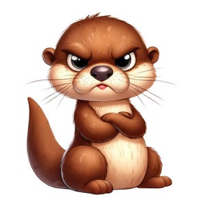 May include: A cartoon illustration of an otter with an angry expression. The otter has brown fur, a pink tongue, and crossed arms. Its eyes are narrowed, and it appears to be frowning. The background is white.