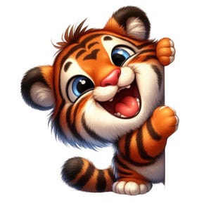 May include: A cartoon tiger cub with orange and black stripes, big blue eyes, and a pink nose and tongue. The tiger is smiling and peeking around a white corner, with its paws and tail visible.