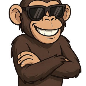 Op de afbeelding: Cartoon illustratie van een bruine chimpansee met een zwarte zonnebril, gekruiste armen en een brede, zelfverzekerde glimlach. De achtergrond is wit.